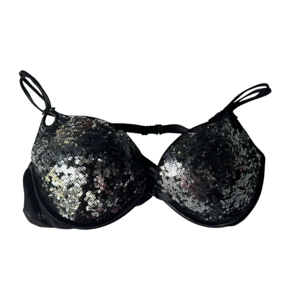 Victoria’s Secret Gorgeous Plunge Push Up Bra 34D Black With Silver Sequin